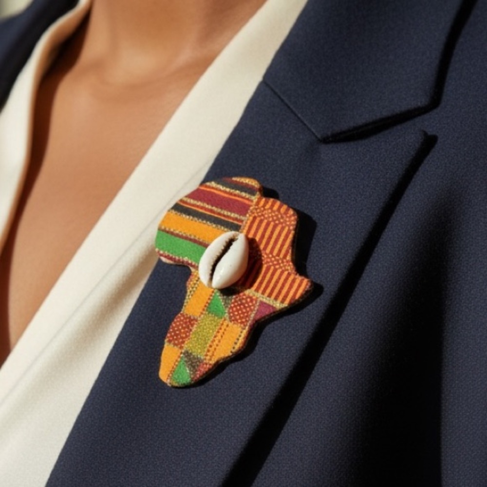 VINTAGE AFRICA MAP BROOCH Kente Print Fabric & Cowrie Shell Statement Pin